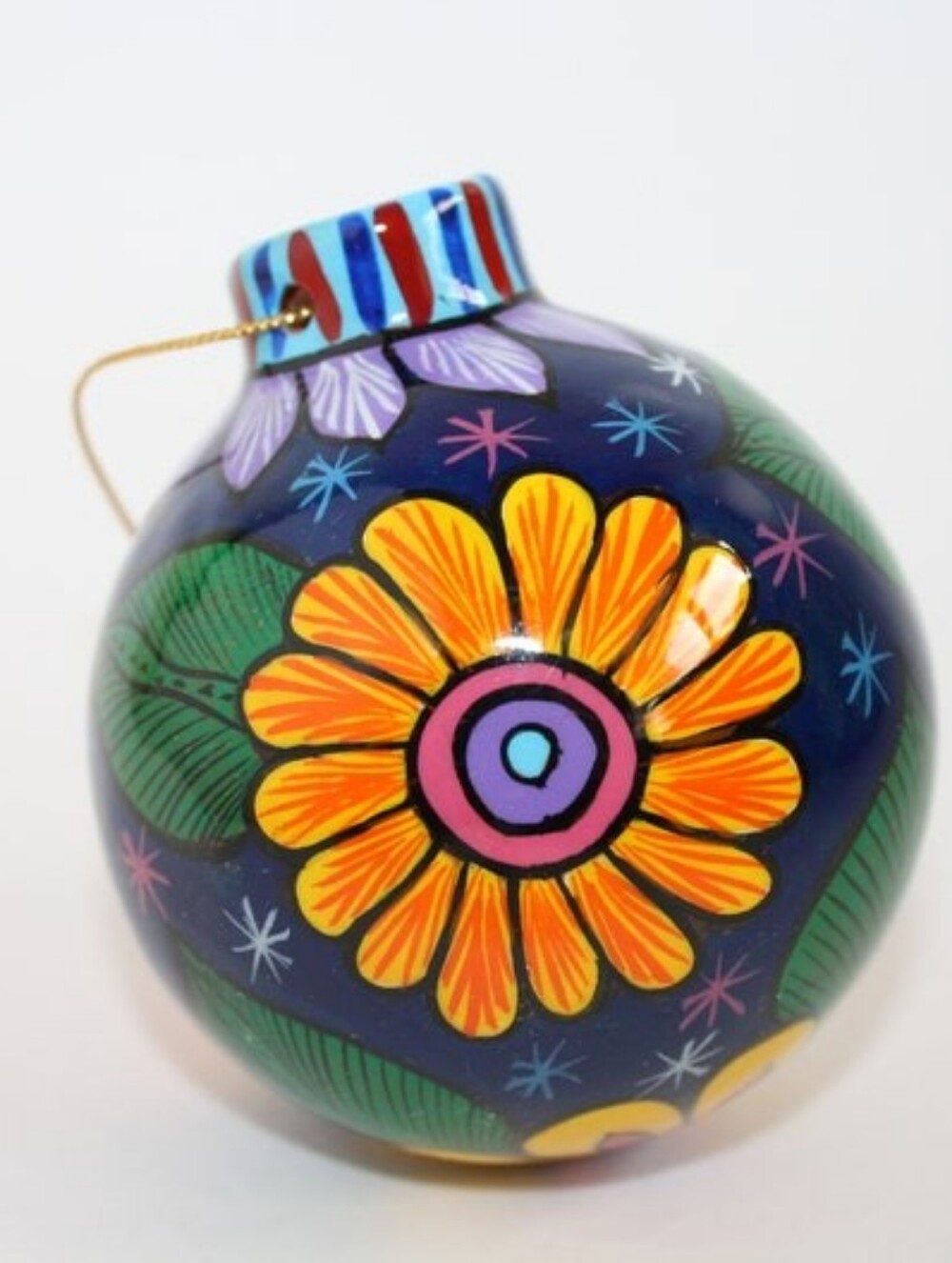 Vintage Mexican Pottery Christmas Ornament, Colorful Sunflower Folk Art